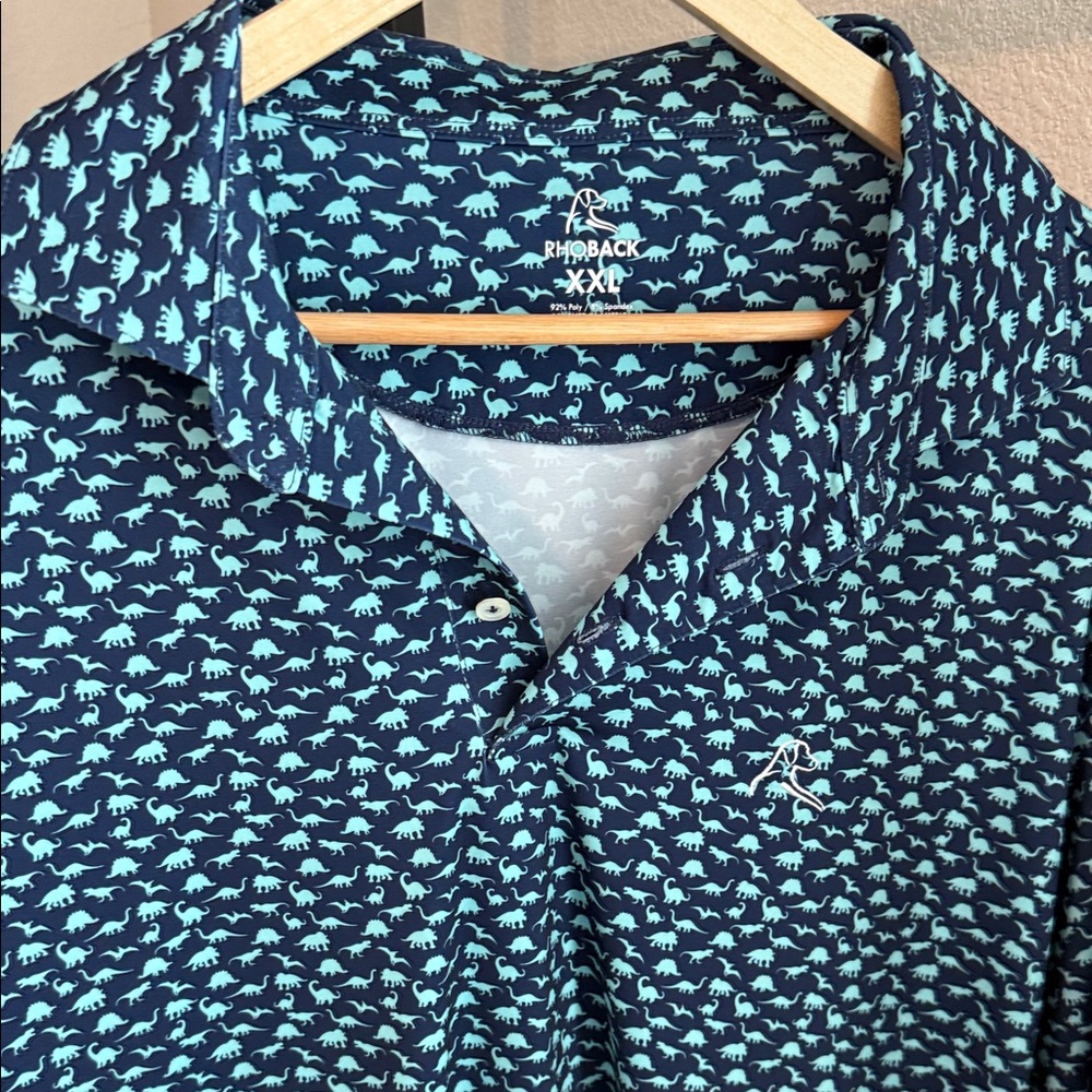 Rhoback Men's Navy and Teal Dinosaur Polo